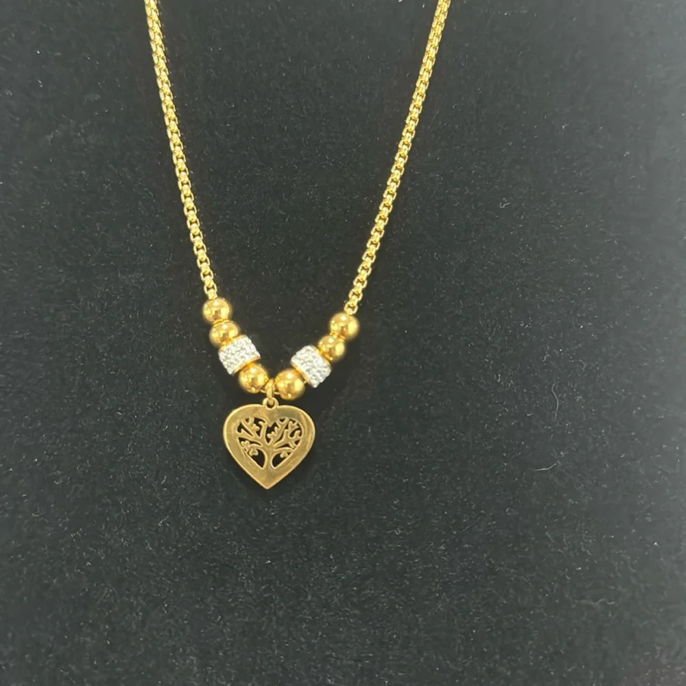 18K Gold Plated Tree of Life Heart Necklace Zircon Titanium Steel - Picture 2 of 6